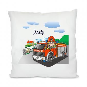 Bedrucktes Kissen für Kinder mit Feuerwehrauto und Wunschnamen 