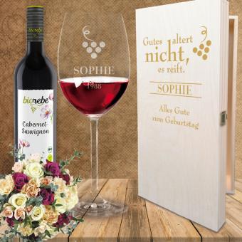 Rotwein Geschenkset zum Geburtstag mit Namensgravur inkl. BioRebe Cabernet Rotwein