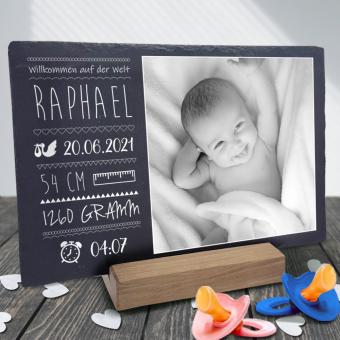 Schieferplatte mit Foto zur Geburt mit Wunschtext bedruckt 