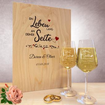 Weißweingläser in bedruckter Holzkiste "Ein Leben lang" 