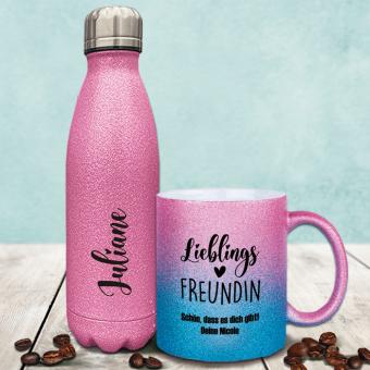 Geschenkset mit personalisierter Glitzerflasche und Glitzertasse für die Freundin 