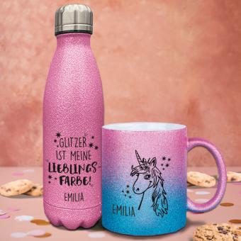 Set aus Glitzerflasche und Glitzertasse für Kinder mit Namen bedruckt 