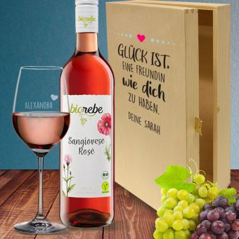 Wein Geschenkset für die beste Freundin mit bedruckter Holzkiste Biorebe Sangiovese Rosé