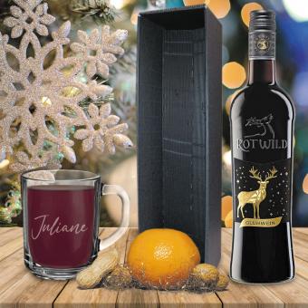 Personalisiertes Glühwein-Geschenk-Set mit Wunschnamen mit rotem Glühwein