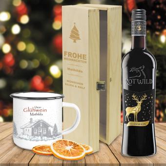 Glühwein-Geschenk-Set mit Namen bedruckt und graviert mit rotem Glühwein