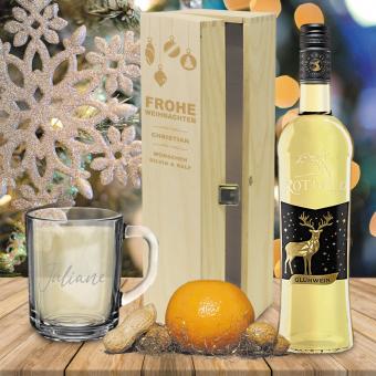 Zur Weihnacht Glühwein-Geschenk-Set graviert mit Namen und Text mit weißem Glühwein