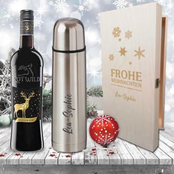 Exklusiv gravierte Isolierflasche im Glühwein-Geschenk-Set mit rotem Glühwein