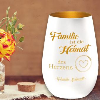 Familie ist die Heimat des Herzens, Windlicht mit Gravur als Geschenkidee Weiß-Gold