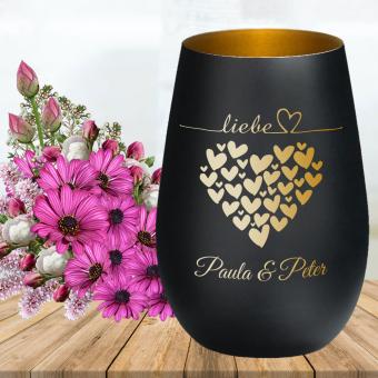 Windlicht mit Herzen, Namen und Datum graviert, perfekt zur Hochzeit Schwarz-Gold