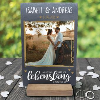 Schieferplatte in Aufsteller zur Hochzeit mit Namen und Foto bedruckt 