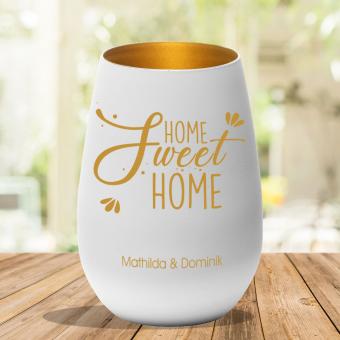 Sweet Home Windlicht mit persönlicher Gravur, perfekt als Einzugsgeschenk Weiß-Gold