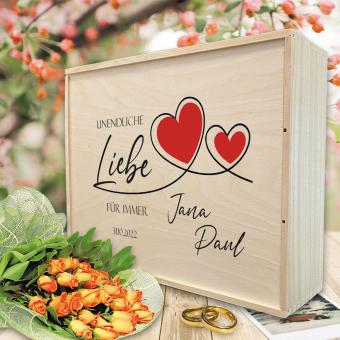 Bedruckte Erinnerungsbox Hochzeit mit Wunschnamen und Datum 
