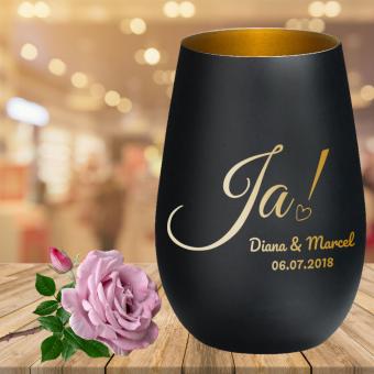 Windlicht zur Hochzeit mit individueller Gravur Schwarz-Gold