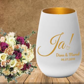 Windlicht zur Hochzeit mit individueller Gravur Weiß-Gold