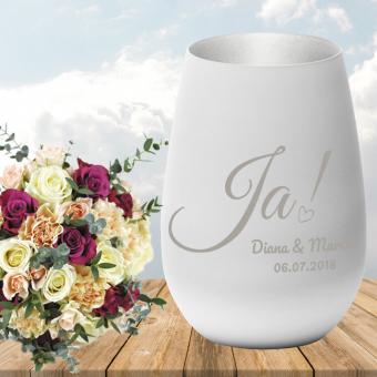 Windlicht zur Hochzeit mit individueller Gravur Weiß-Silber