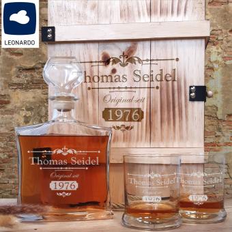 Whiskykaraffe graviert mit 2 Leonardo Whiskybechern in Holzkiste 