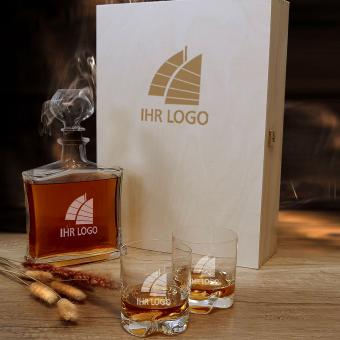 Whiskyset mit LOGO in Holzkiste Mitarbeiter/Kunden Gravur auf Karaffe, Gläsern & Kiste