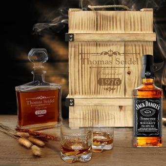 Großes Whisky Jack Daniels Geschenk Set mit Gravur Jack in Holzbox ohne Schieferuntersetzer