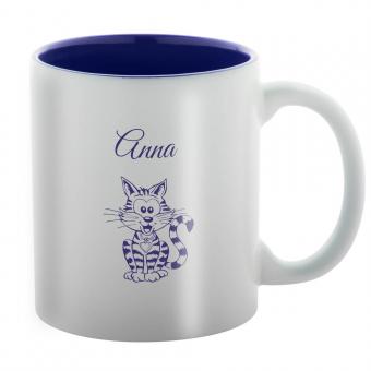 Laser-Tasse aus Keramik mit lustiger Katze und Namen graviert 