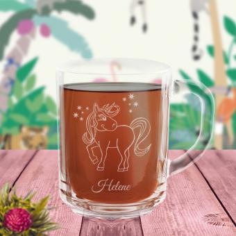 Persönliche Glas Tasse mit Einhorn und Namen individuell graviert 