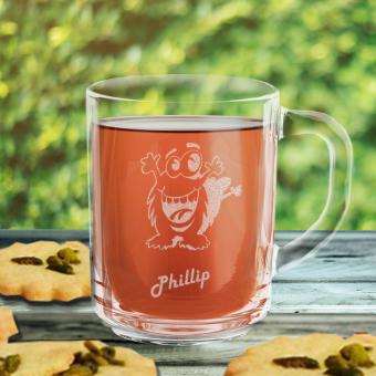 Persönliche Glas Tasse mit Monster und Namen graviert 