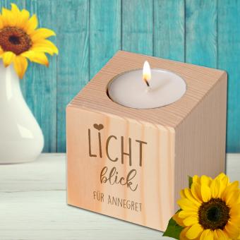 "Lichtblick", personalisierter Teelichthalter aus Holz 