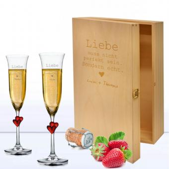 Sektgläser Liebe im Geschenkset mit 3er Holzkiste ohne Sekt