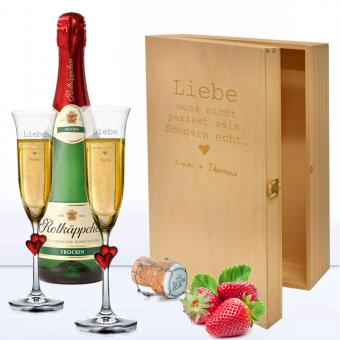 Sektgläser Liebe im Geschenkset mit 3er Holzkiste inkl. Rotkäppchen trocken