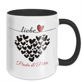 Tasse für Paare - Liebe Herzen - mit Namen -  schwarz 