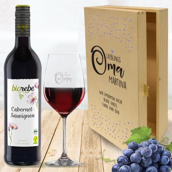 Rotwein Geschenkset für Oma mit bedruckter Holzbox 