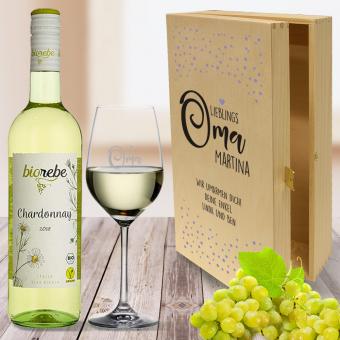 Weißwein Geschenkset für Oma mit bedruckter Holzbox 