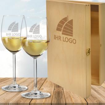 Weißwein-Geschenkset mit Holzkiste und Logo 