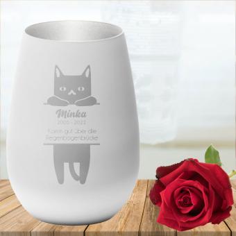 Windlicht mit individueller Gravur für deine geliebte Katze Weiß-Silber