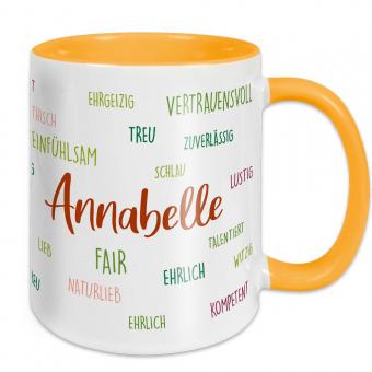 Tasse mit Namen und positiven Eigenschaften in 4 Farben weiß/gelb