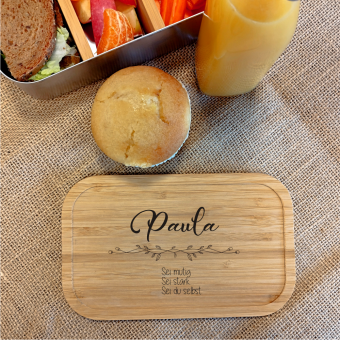 Bedruckte Edelstahl Lunchbox inkl. Bambusdeckel mit Spruch und Namen 