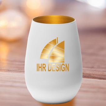 Windlicht / Teelicht / Kerzenhalter mit eigenem Logo/Design weiß-gold | Gravur