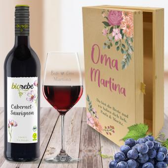 Personalisiertes Rotwein Geschenkset für Oma mit bedruckter Holzbox 