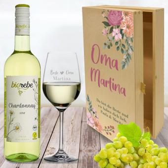 Personalisiertes Weißwein Geschenkset für Oma mit bedruckter Holzbox 