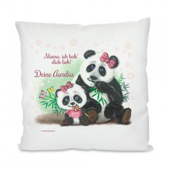 Kissen mit Panda-Mama und Sohn mit Text und Namen 