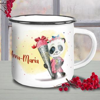 Individuelle Emaille Tasse mit Mädchen Panda zum Schulanfang 