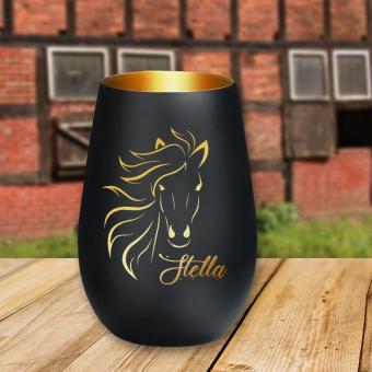 Windlicht Pferd mit Namen personalisiert, graviert schwarz gold