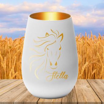Windlicht Pferd mit Namen personalisiert, graviert weiß gold