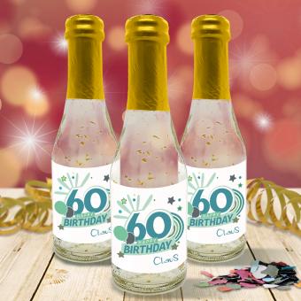 Piccolo Sektflasche mit Goldflocken zum 60. Geburtstag personalisiert 