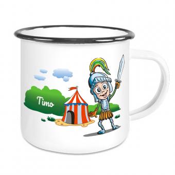 Kinder Emaille Tasse mit Ritter und Namen bedruckt 