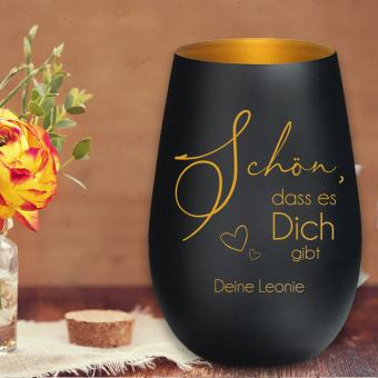 Windlicht mit Gravur "Schön dass es Dich gibt" Geschenkidee für Freunde Schwarz-Gold