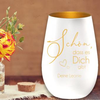 Windlicht mit Gravur "Schön dass es Dich gibt" Geschenkidee für Freunde Weiß-Gold