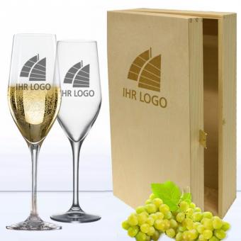 Sektgläser/Champagnergläser mit Logo als Set mit Holzkiste 