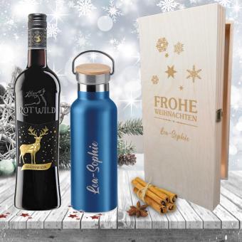 Edles Glühwein-Geschenk-Set mit gravierter Isolierflasche in Holzkiste mit rotem Glühwein