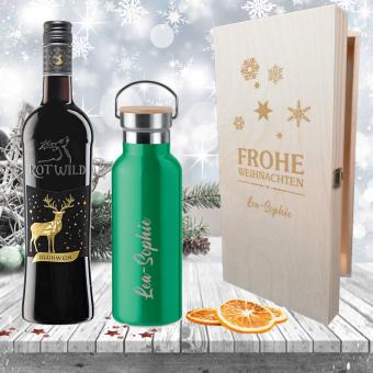 Edles Glühwein-Geschenk-Set mit gravierter Isolierflasche in Holzkiste 