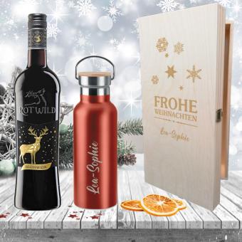 Edles Glühwein-Geschenk-Set mit gravierter Isolierflasche in Holzkiste mit rotem Glühwein